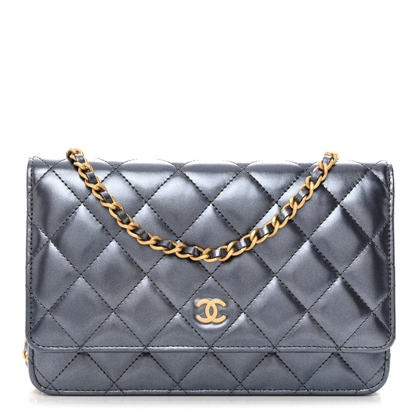 Metallic Lambskin Wallet On Chain WOC Dark Blue
