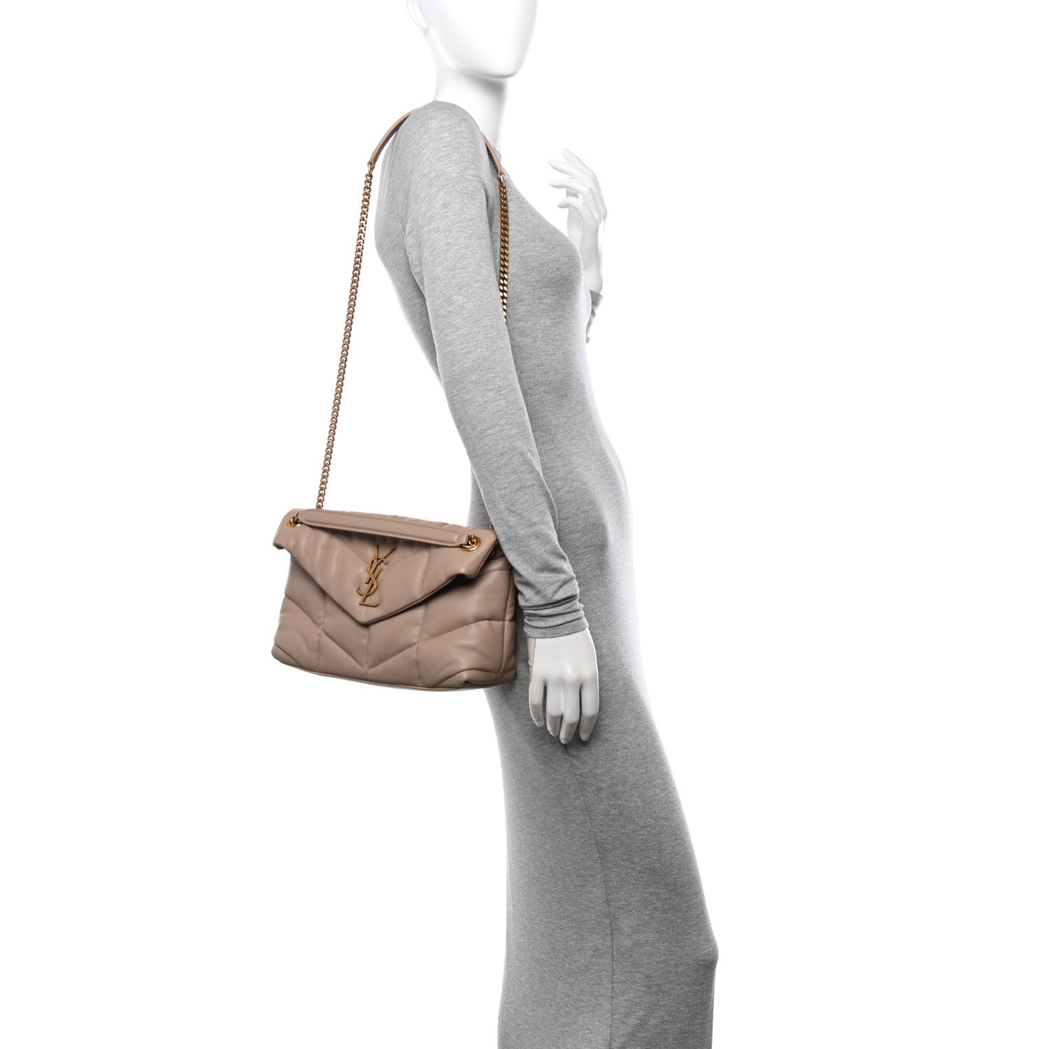 Saint Laurent Lambskin Quilted Small Loulou Puffer Monogram Chain Satchel Dark Beige 2 of 11