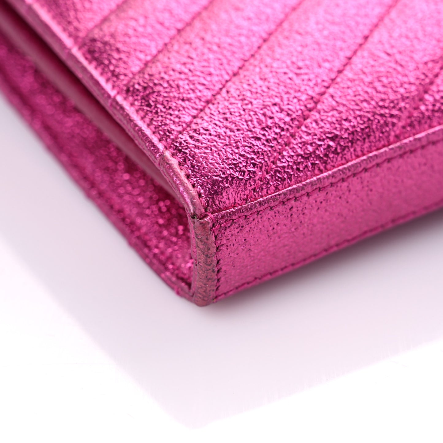 Metallic Crackled Calfskin Matelasse Chevron Monogram Chain Wallet Fuchsia
