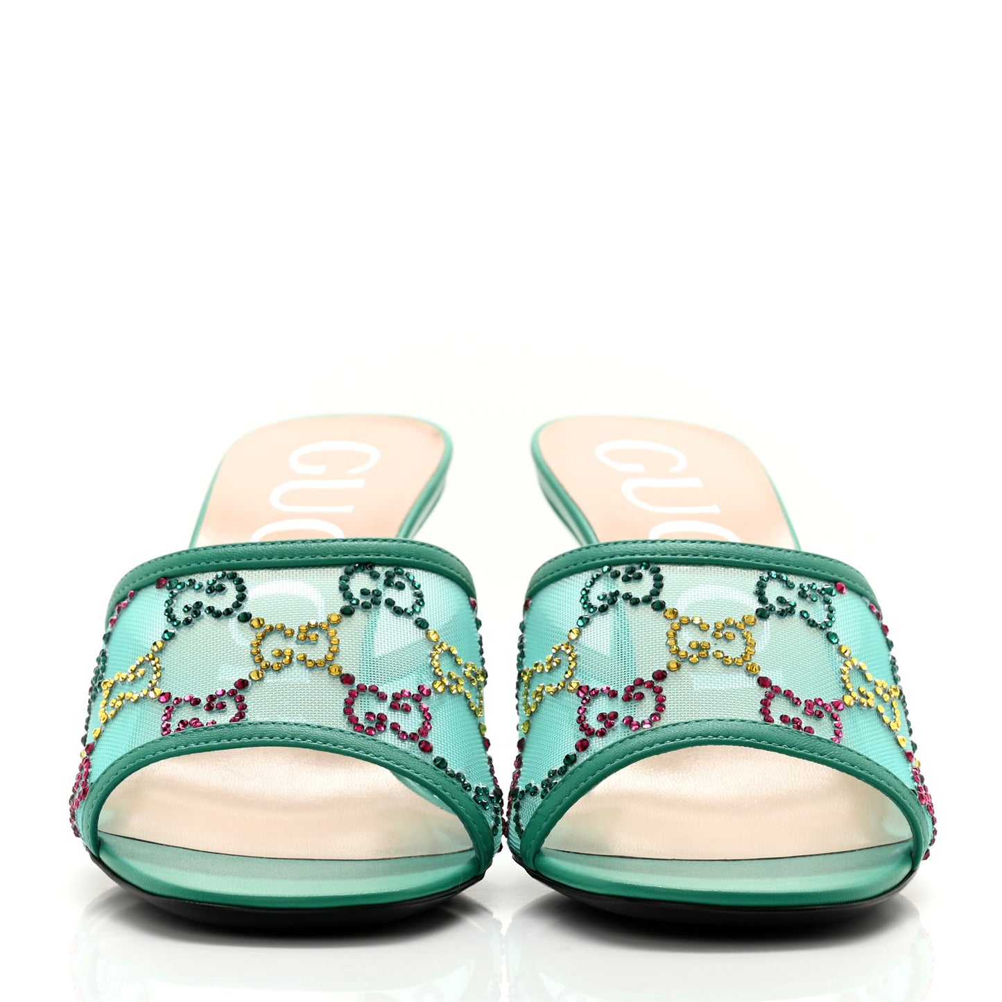 Tela Retino Nappa Crystal GG Monogram Square G 95mm Slide Sandals 37 Turquoise