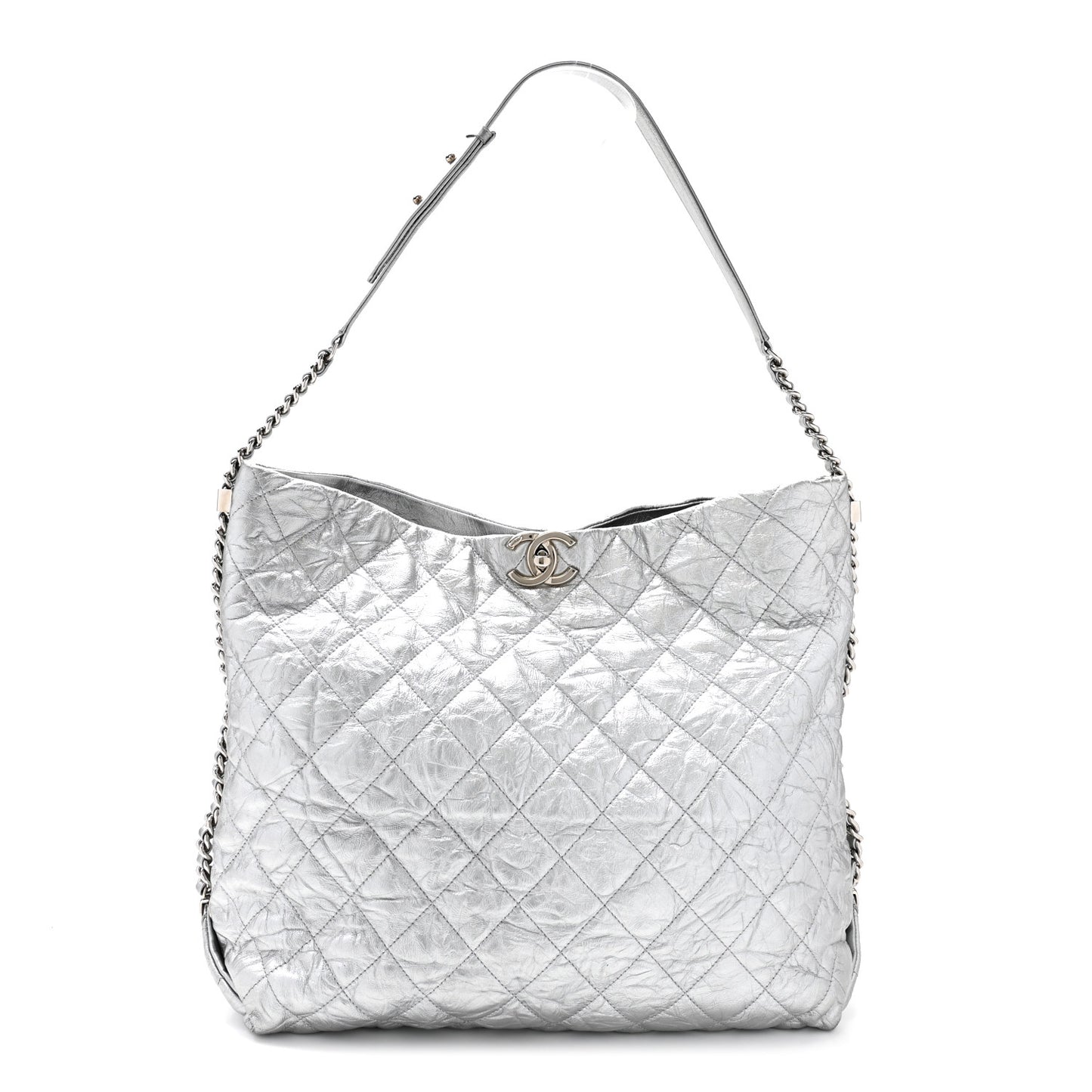 Metallic Crackled Calfskin Quilted Large Big Bang Hobo Silver