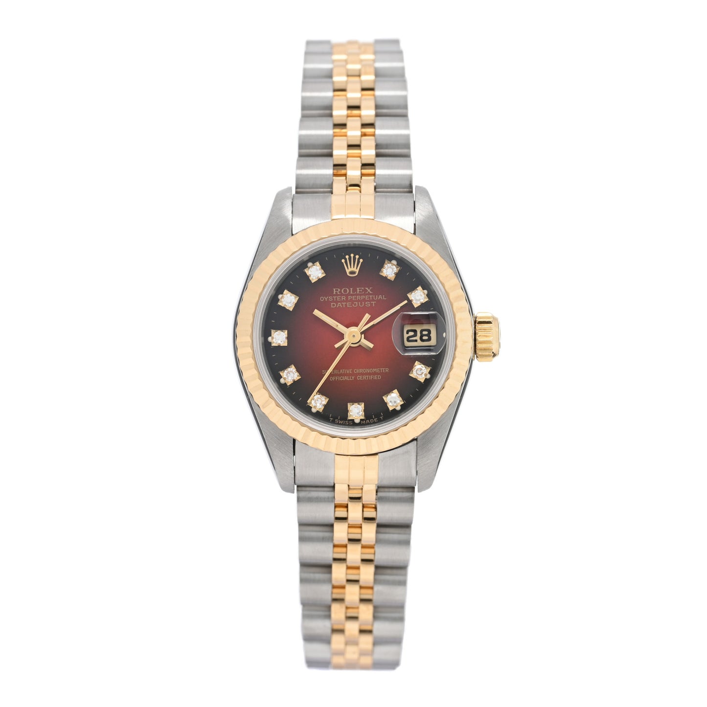 Stainless Steel 18K Yellow Gold Diamond 26mm Oyster Perpetual Datejust Watch Red Gradient 69173