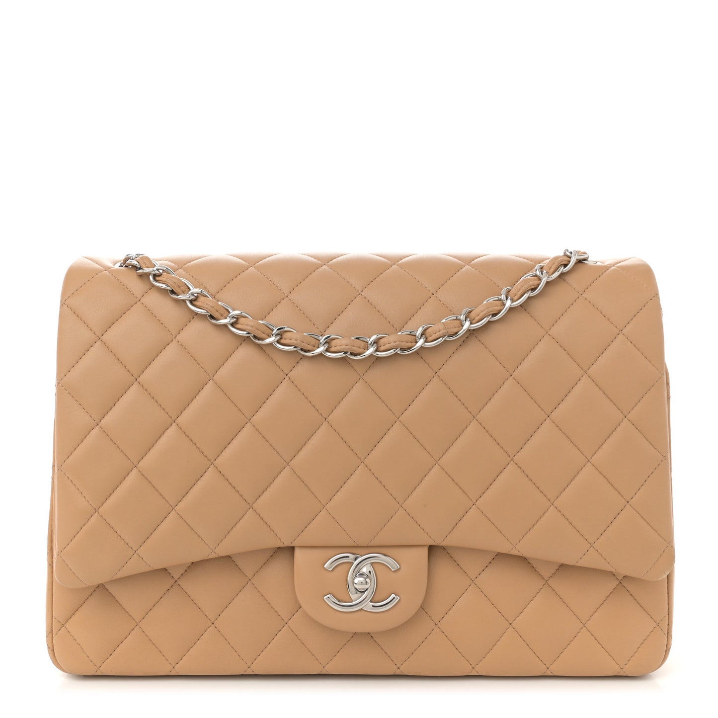 Lambskin Quilted Maxi Double Flap Beige