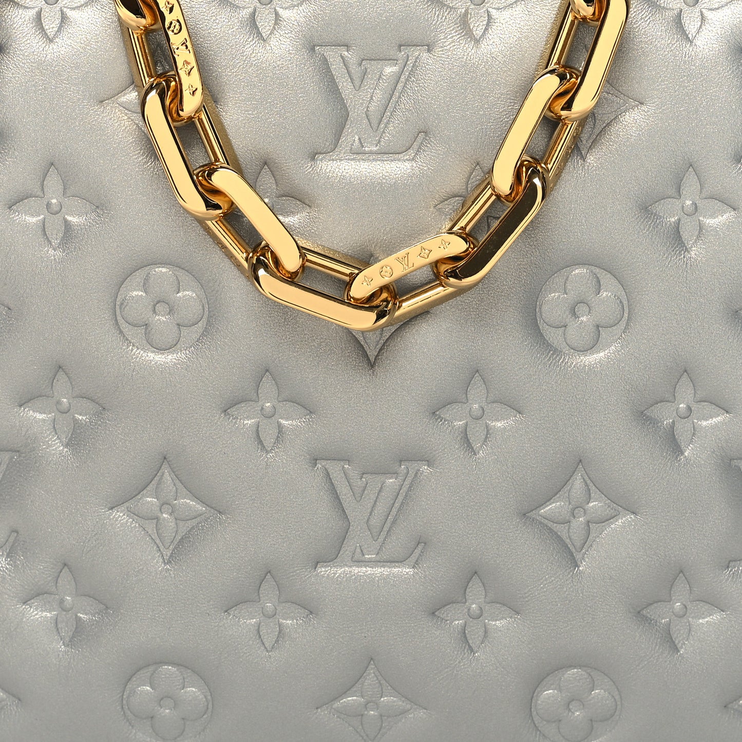 Metallic Lambskin Embossed Monogram Coussin PM Silver