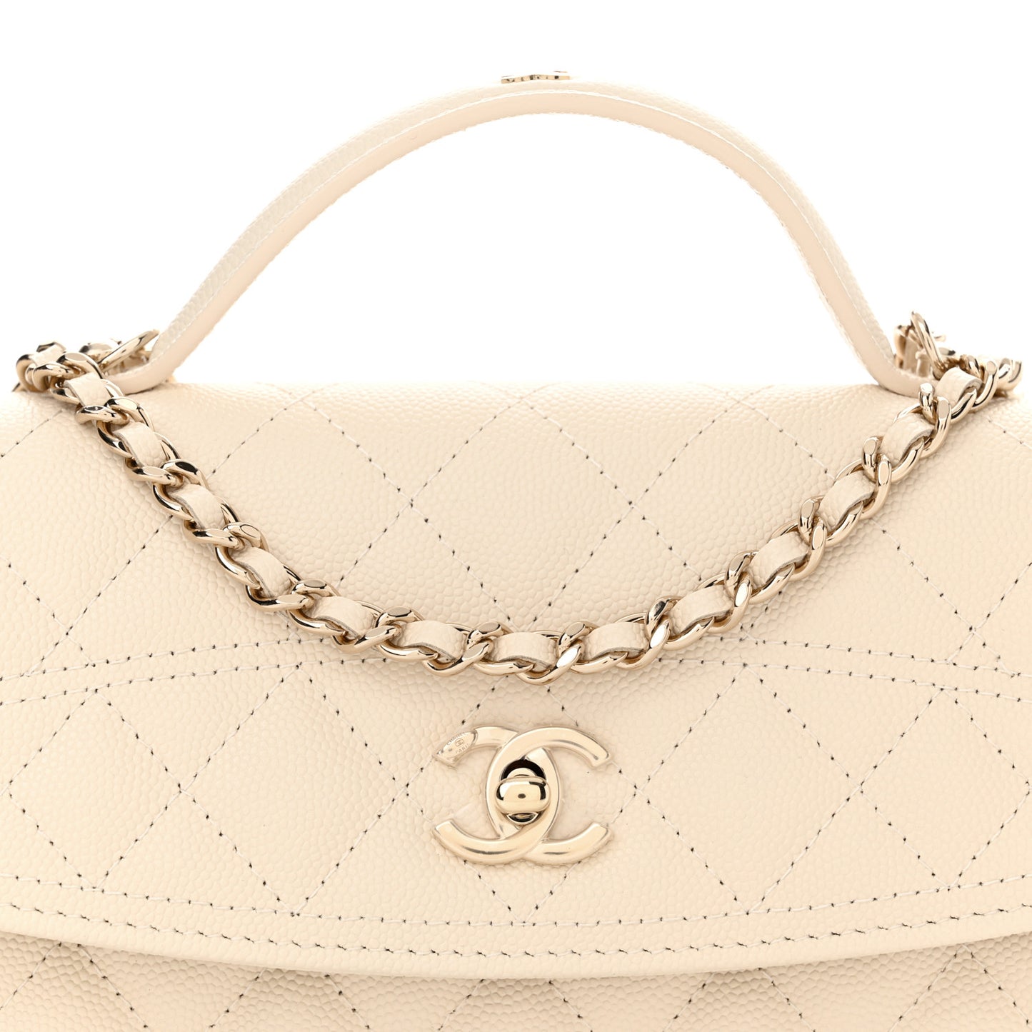 Caviar Quilted Trendy Handle Clutch With Chain Ecru