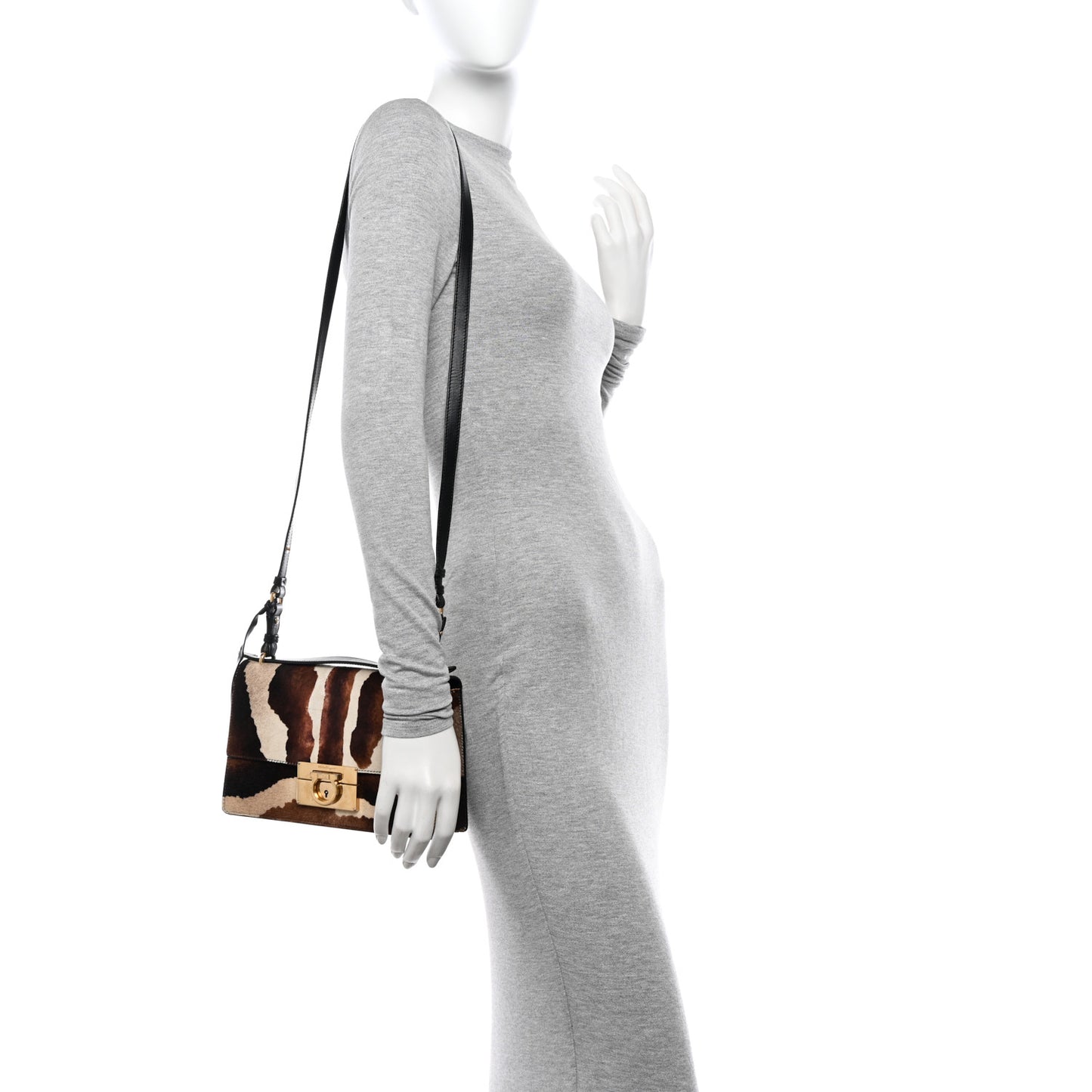SALVATORE FERRAGAMO Calfskin Pony Hair Medium Aileen Bag Brown