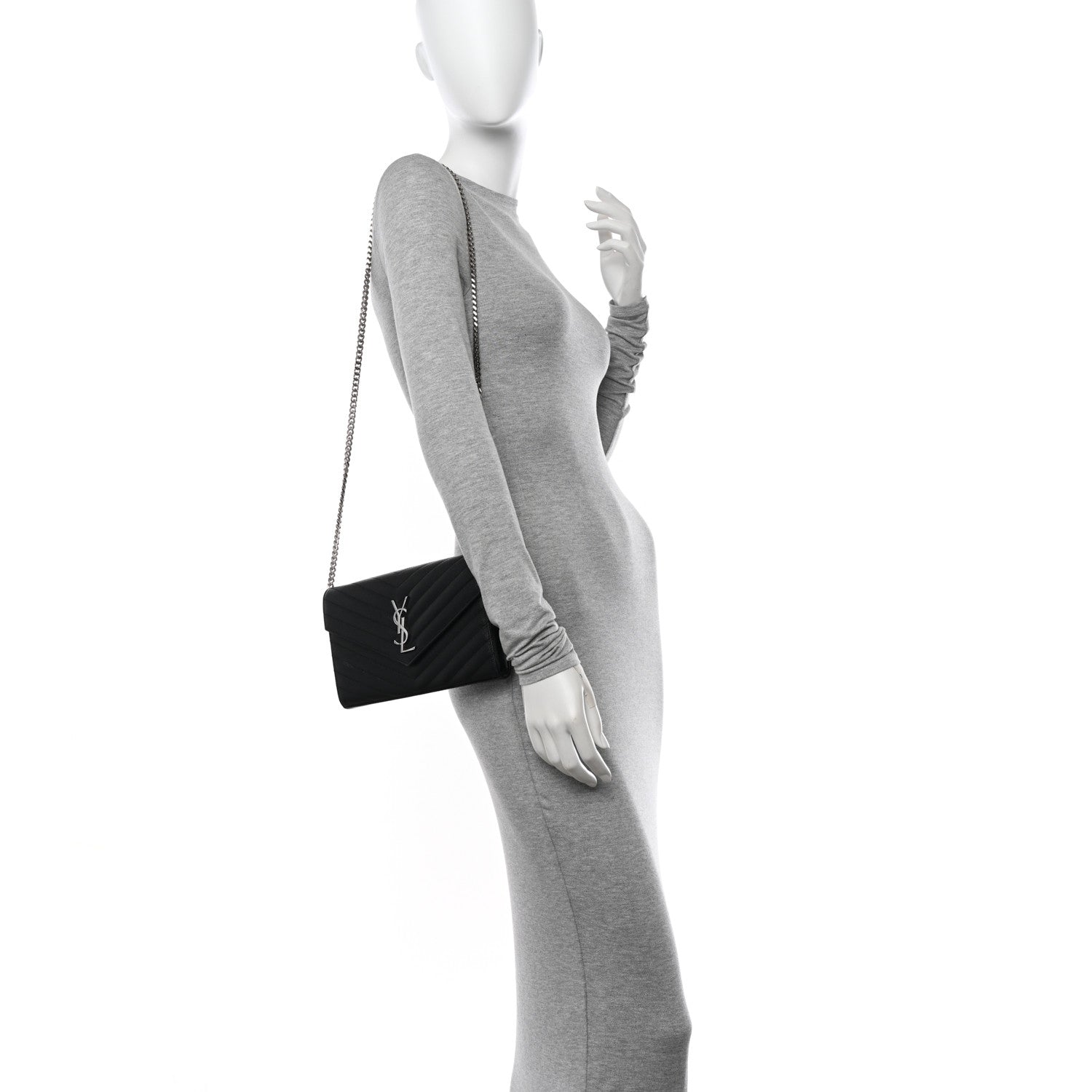 Saint Laurent Grain De Poudre Matelasse Chevron Monogram Chain Wallet Black 2 of 10
