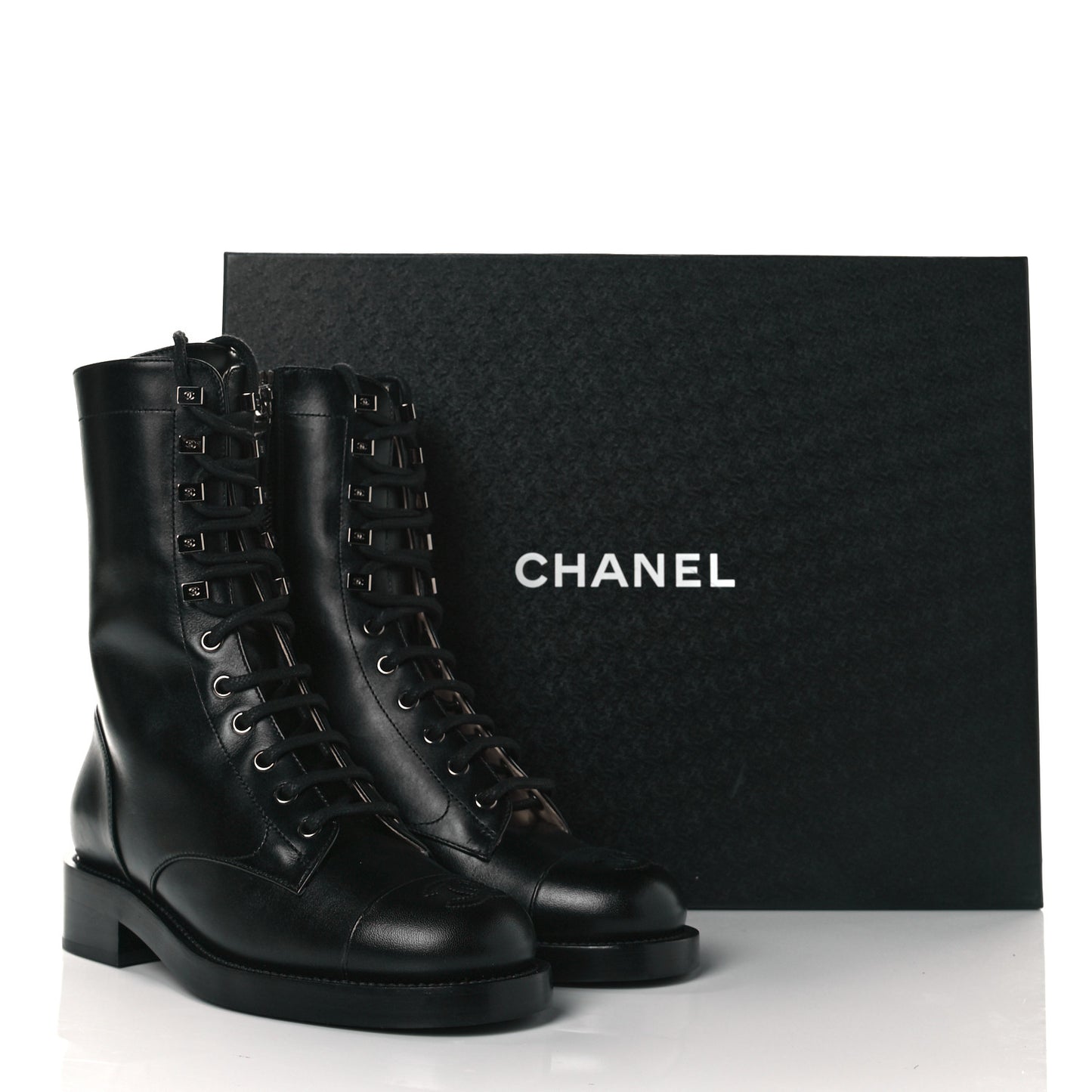 Calfskin Lace Up Combat Boots 36 Black
