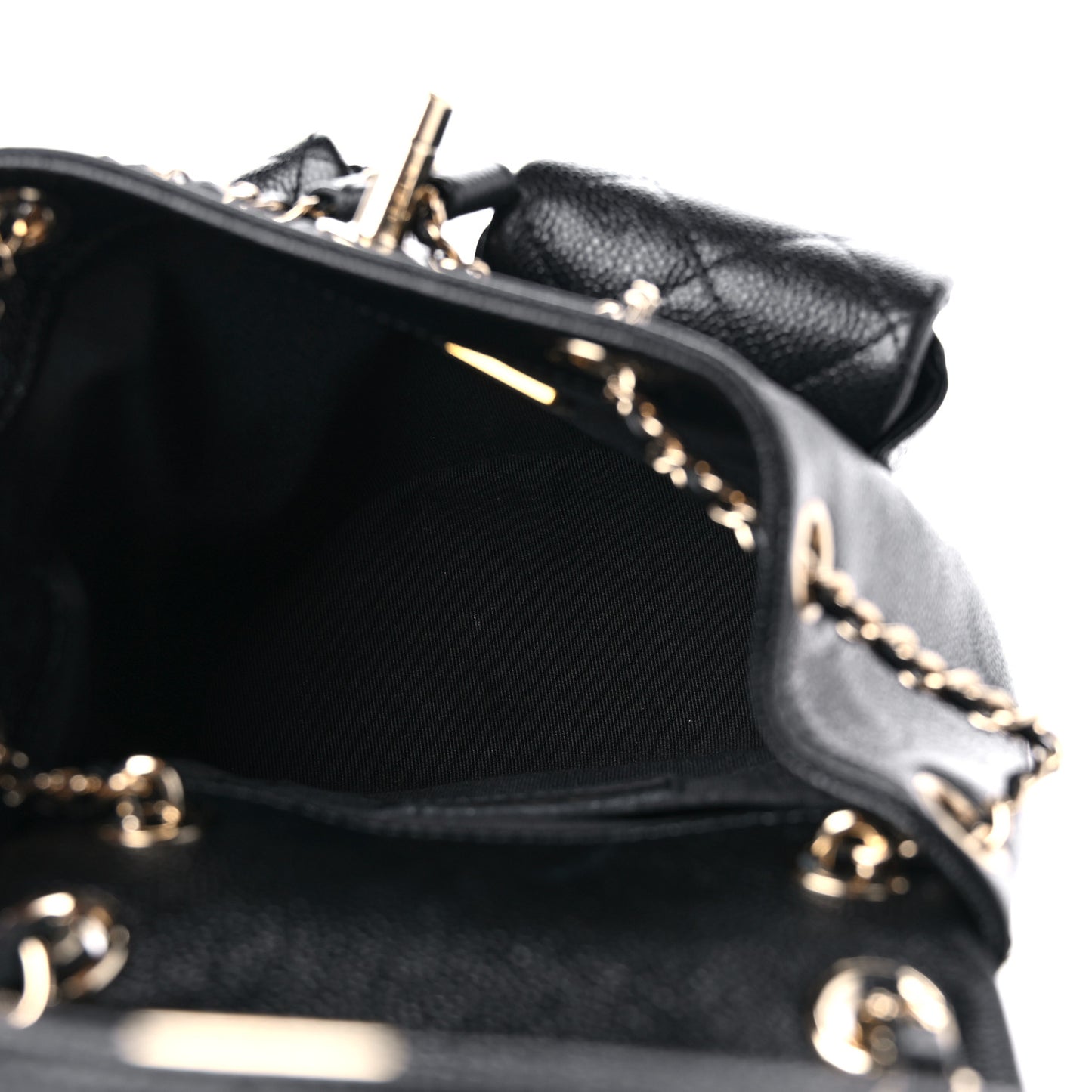 Shiny Caviar Quilted Small Duma Pockets Drawstring Backpack Black
