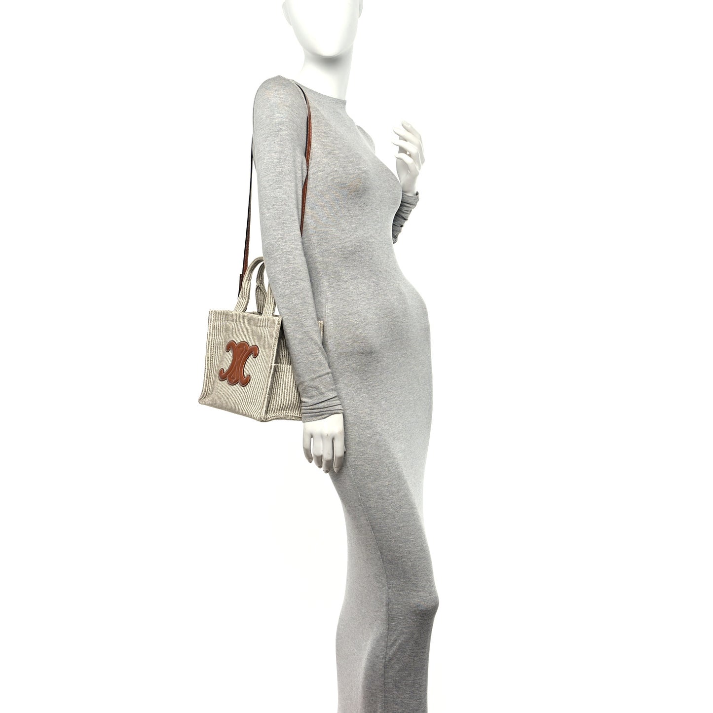Canvas Calfskin Striped Triomphe Small Cabas Beige