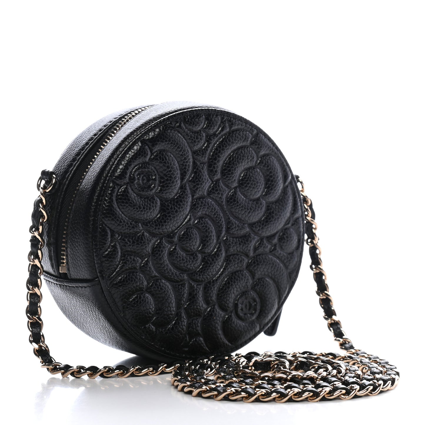 Caviar Camellia Embossed Round Clutch With Chain Black