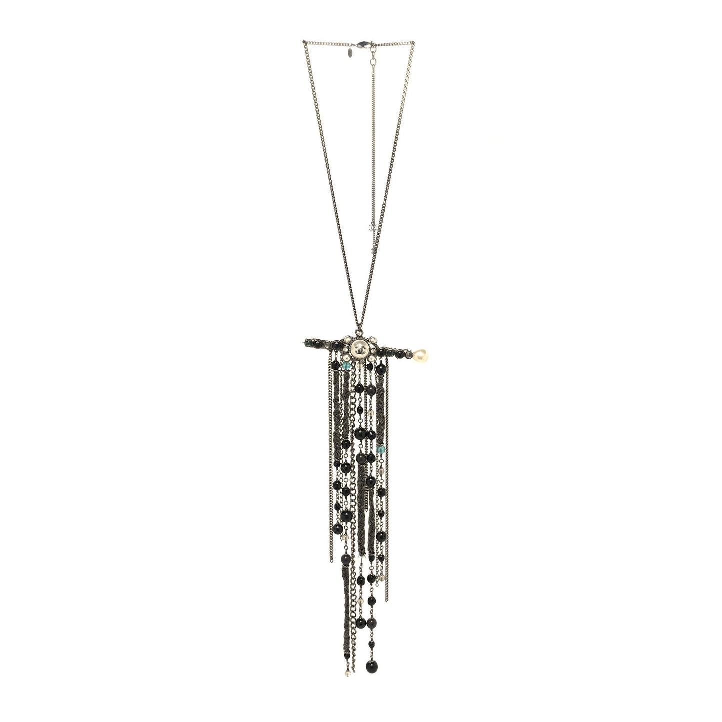 Ruthenium Crystal Pearl Beaded Enamel CC Multi Chain Bar Necklace Black