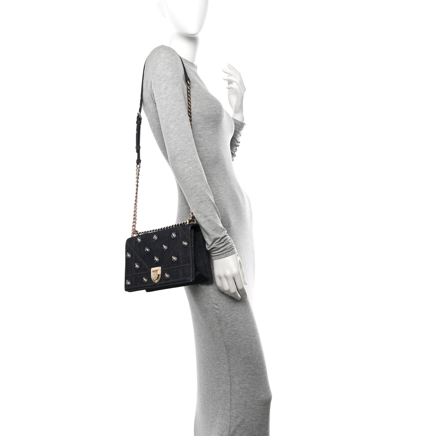 Denim Crystal Medium Diorama Flap Bag Blue