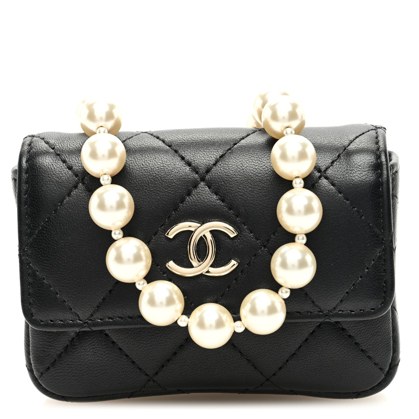 Lambskin Quilted Pearl Chain Belt Bag Black