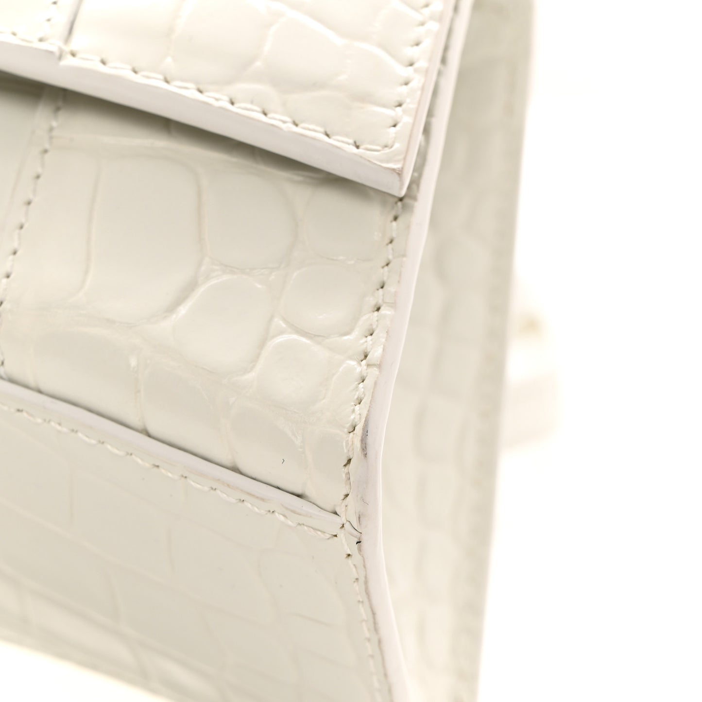 Shiny Calfskin Crocodile Embossed Hourglass Top Handle Bag XS White