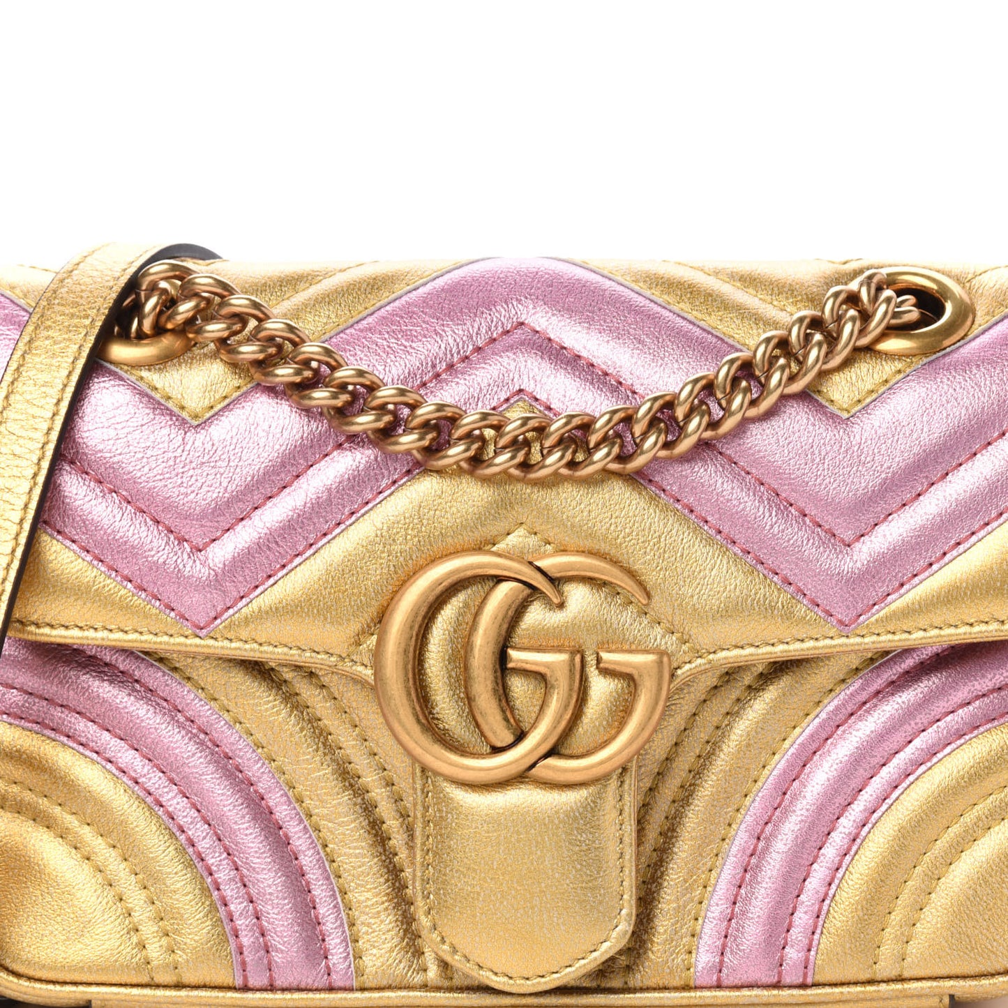 Metallic Calfskin Matelasse Mini GG Marmont Shoulder Bag Gold Pink