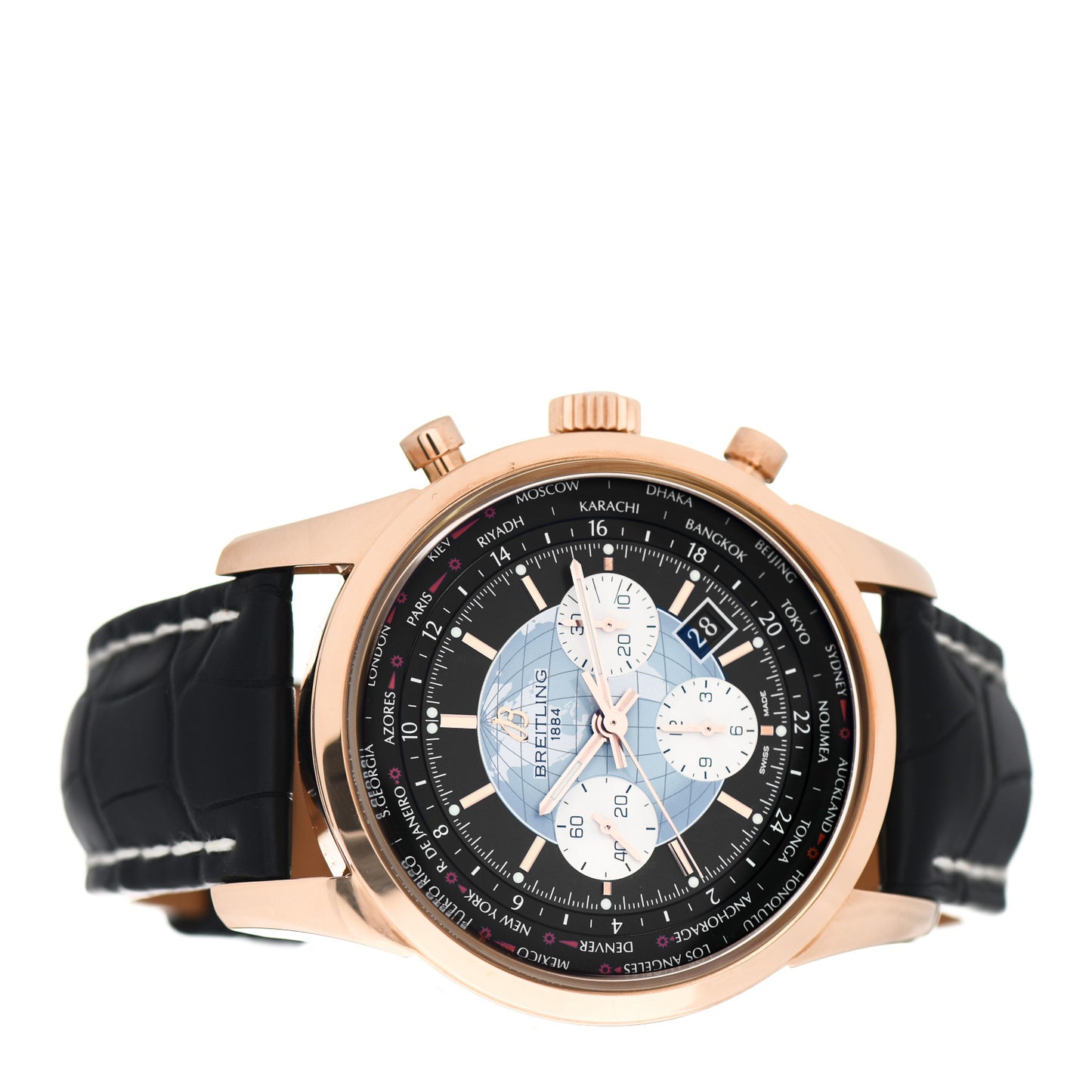 18K Rose Gold Alligator 46mm Transocean Unitime Chronograph Automatic Watch Black RB0510