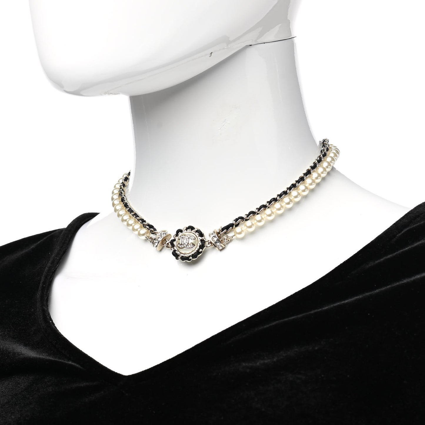 Pearl Crystal Lambskin CC Choker Gold Black