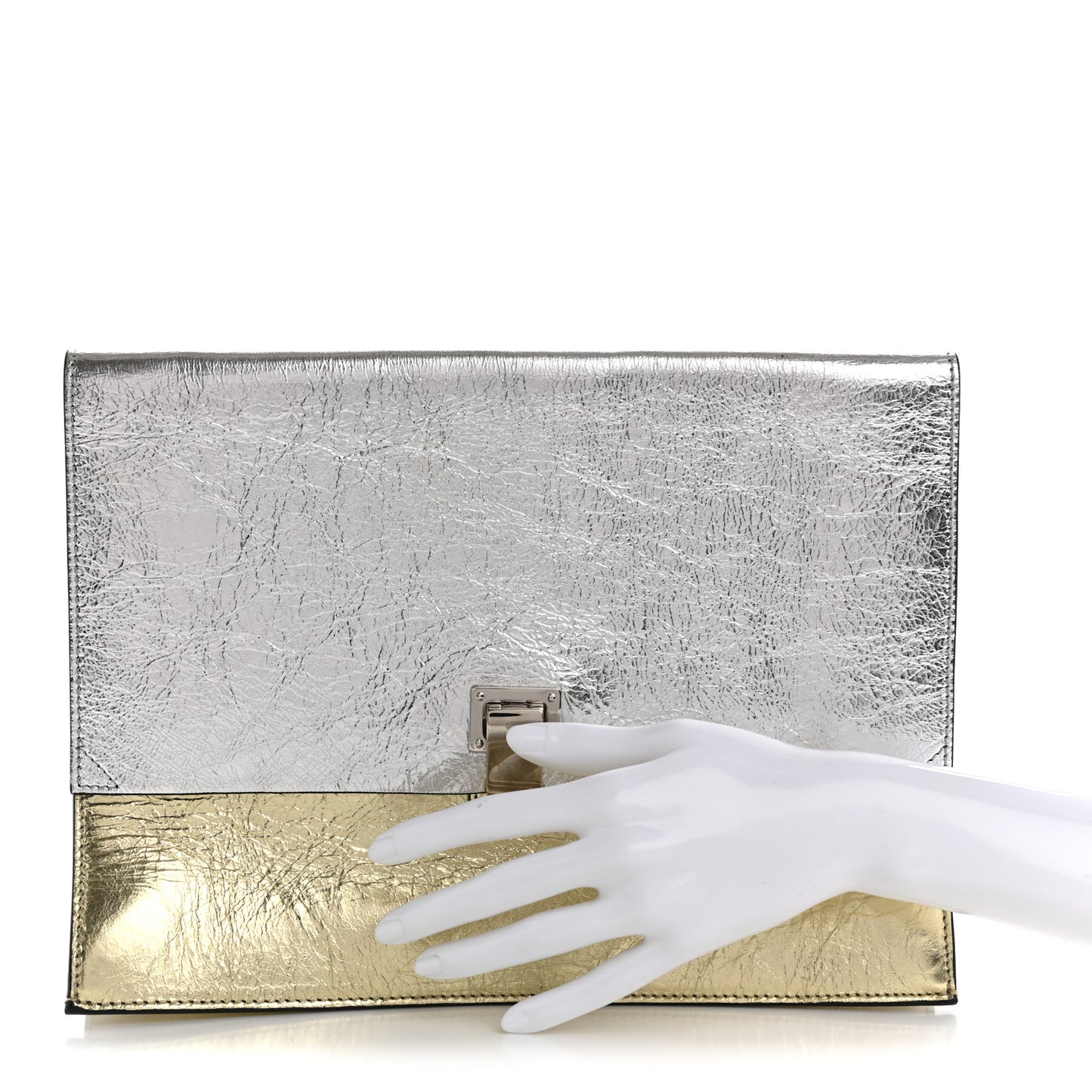 Metallic Lambskin Large Lunch Bag Clutch Silver Gold
