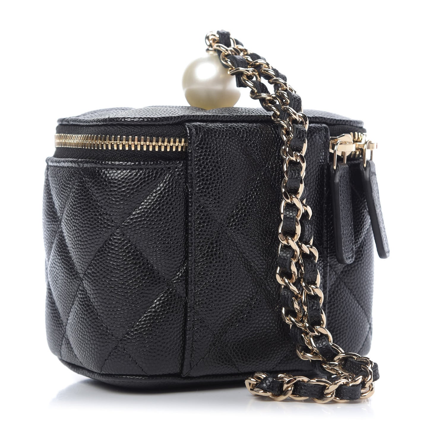 Caviar Quilted Mini Pearl On Top Vanity Case With Chain Black