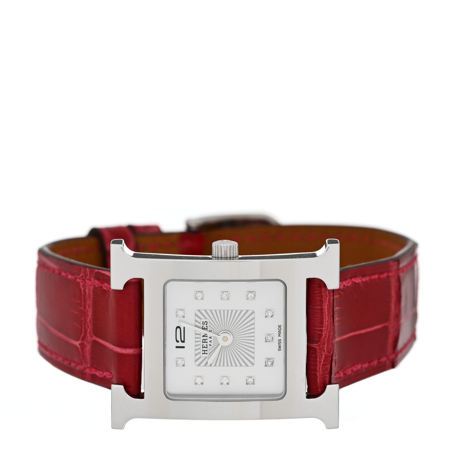 Stainless Steel Alligator Diamond Mother of Pearl 21mm Heure H Hour Quartz Watch Framboise