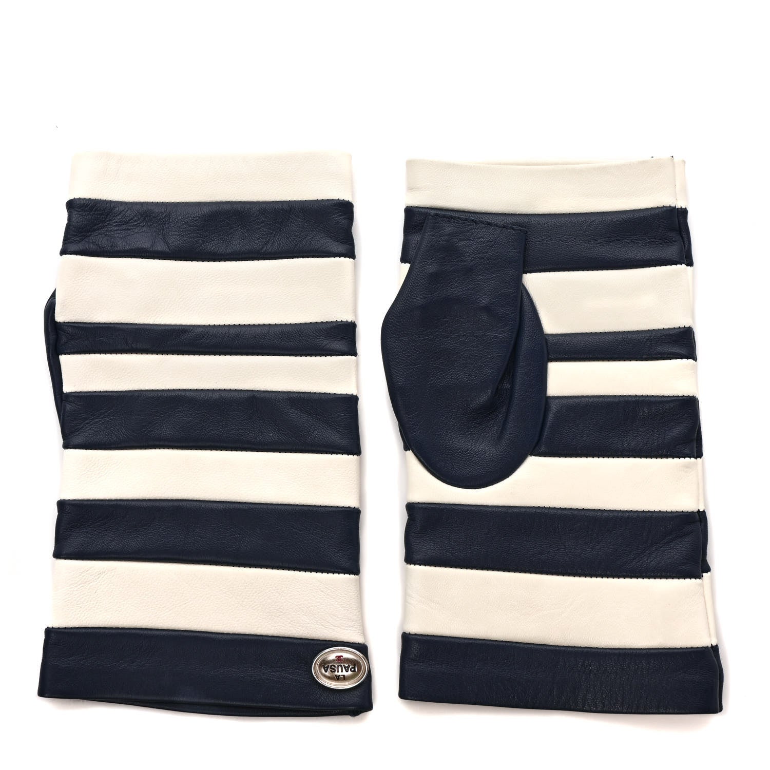 Chanel Lambskin Fingerless Gloves 8 Navy White 1 of 6