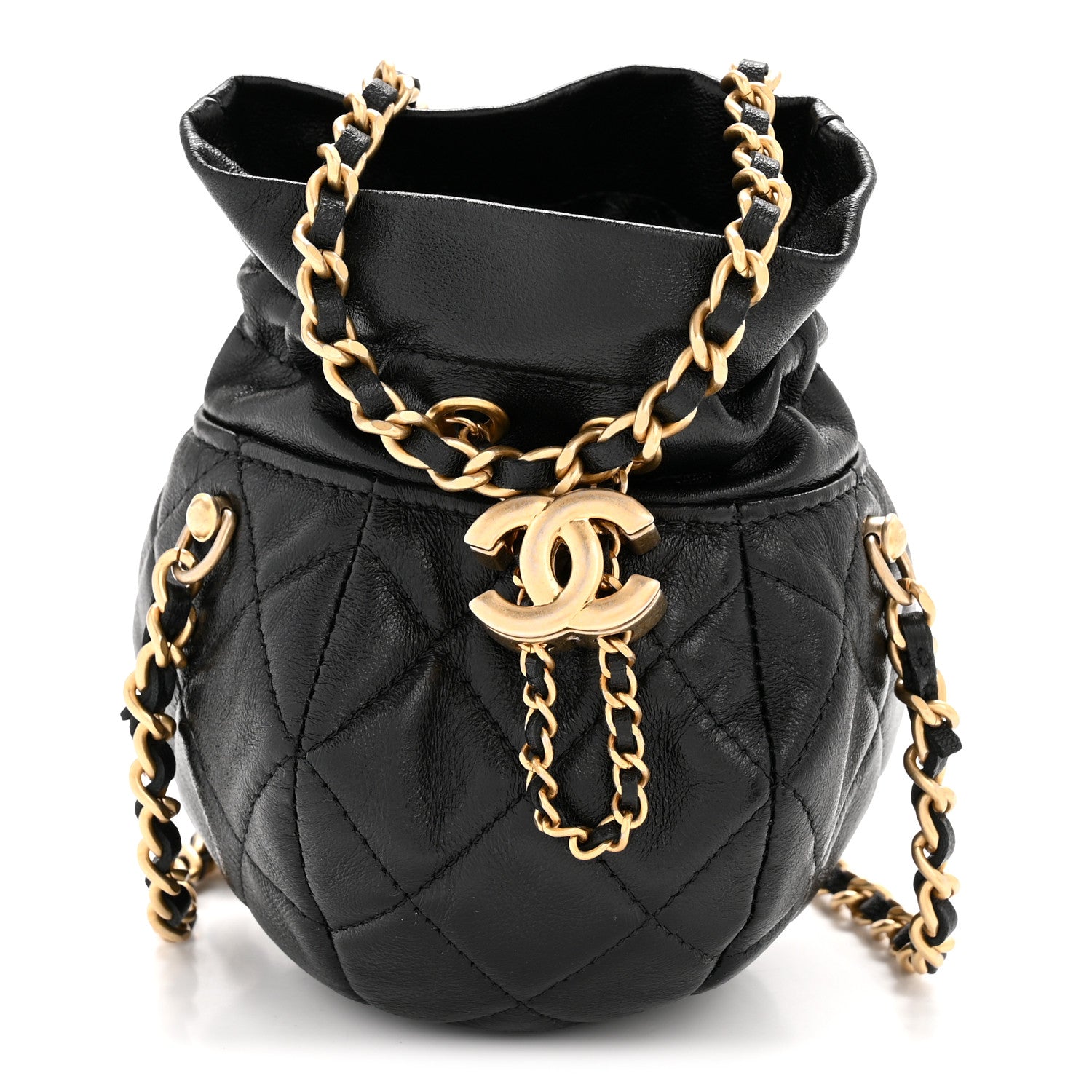 Chanel Shiny Lambskin Quilted Mini Drawstring CC Bucket Bag Black