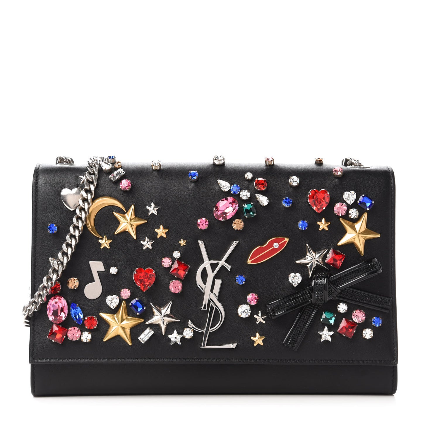 Calfskin Embellished Medium Monogram Kate Satchel Black