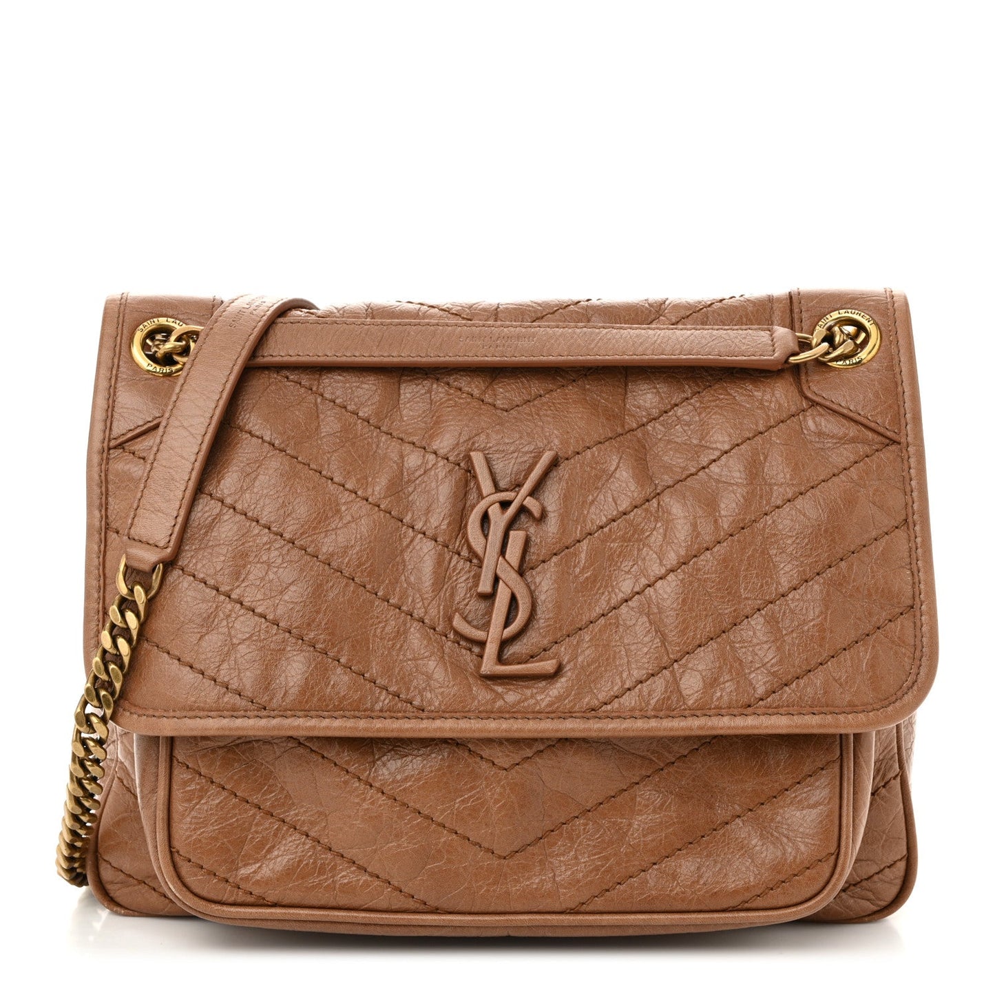 Crinkled Calfskin Matelasse Monogram Medium Niki Chain Satchel Caramel