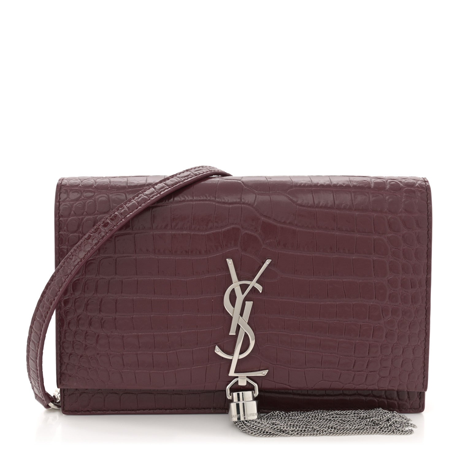 Saint Laurent Calfskin Crocodile Embossed Kate Monogram Tassel Chain Wallet Rouge Legion 1 of 14