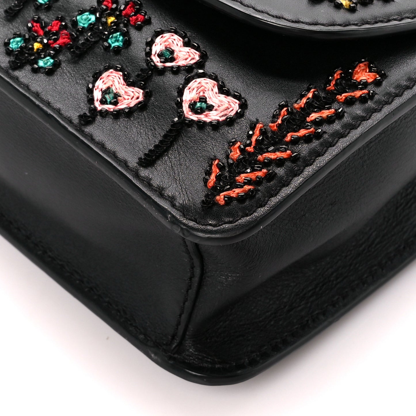 Calfskin Embroidered Beaded Rockstud Small Demilune Shoulder Bag Black Multicolor