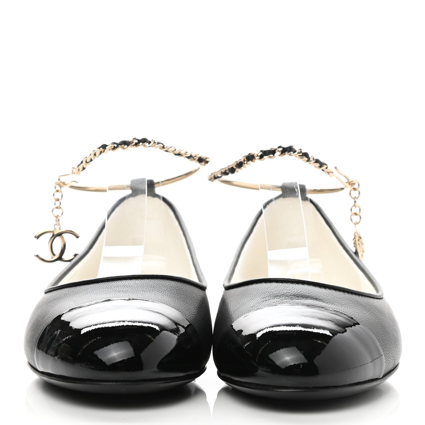 Lambskin Patent Calfskin Cap Toe Ankle Chain Ballerina Flats 36 Black