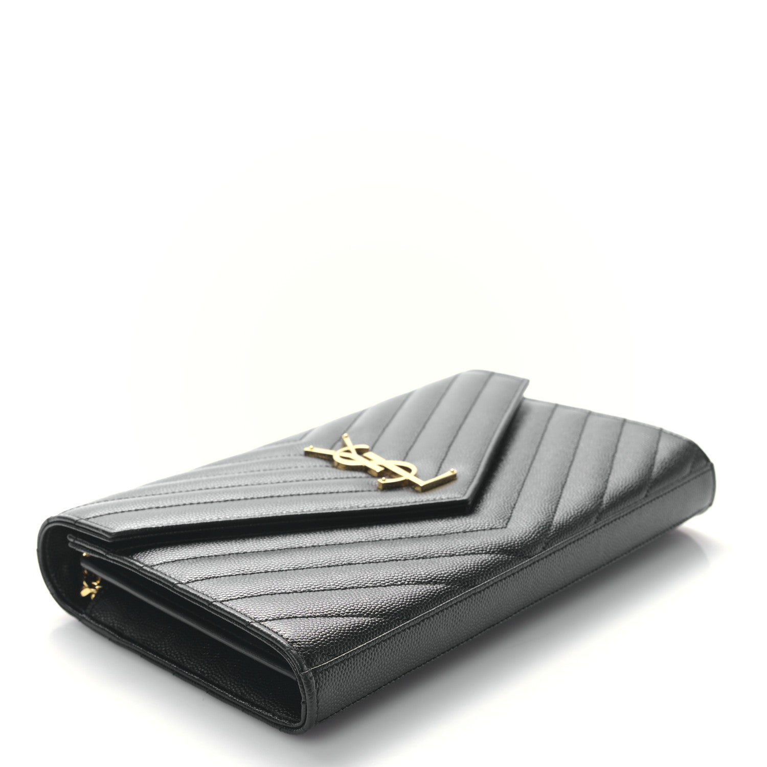 Saint Laurent Grain De Poudre Matelasse Chevron Monogram Envelope Chain Wallet Black 4 of 9