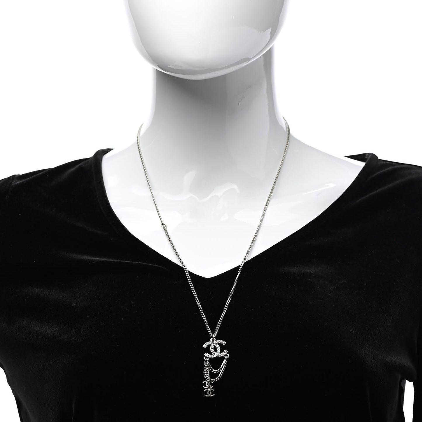 Ruthenium Pearl Chain CC Drop Necklace Silver