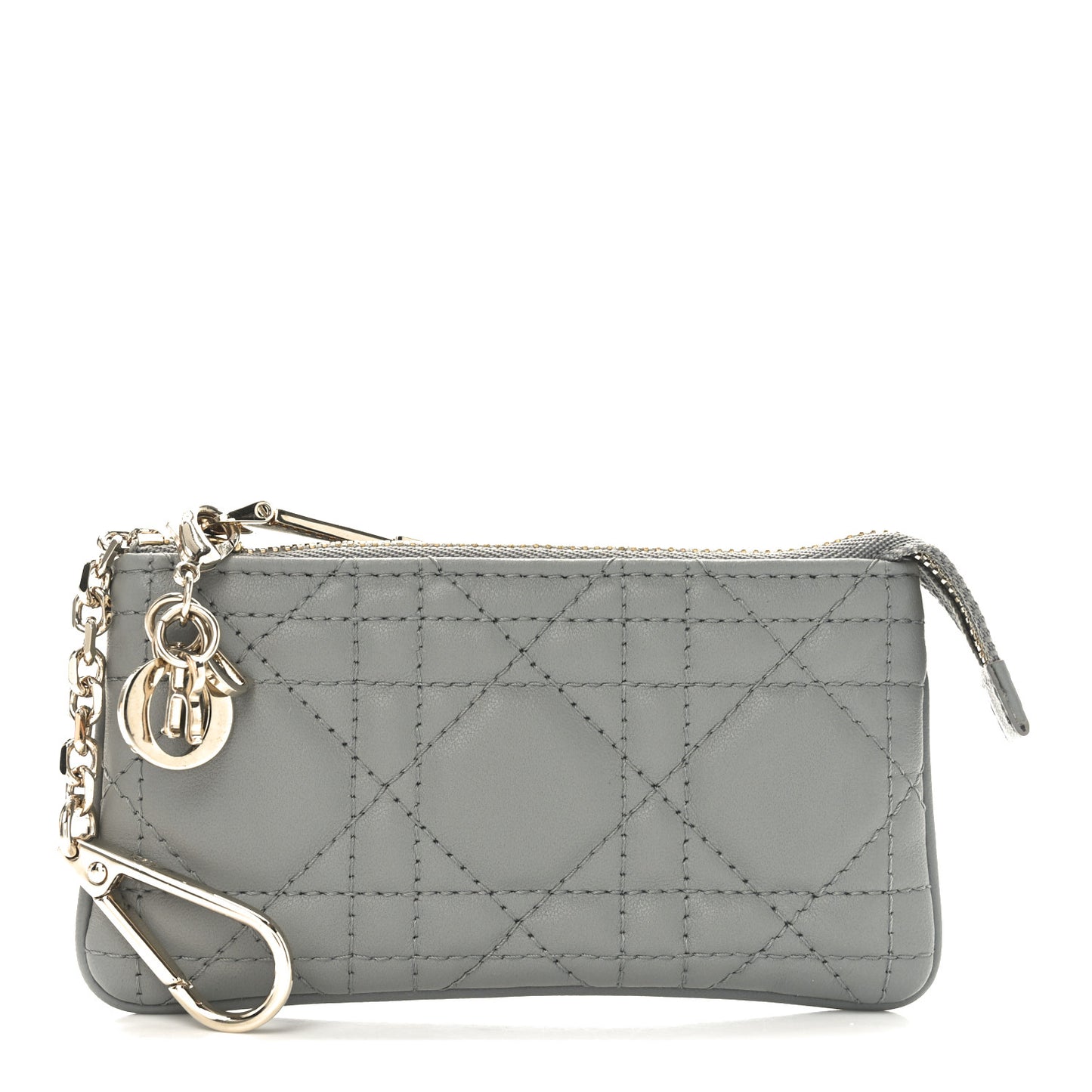 Lambskin Cannage Lady Dior Zipped Key Case Stone Grey