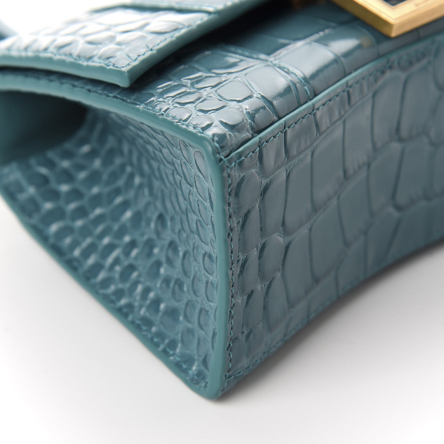 Shiny Calfskin Crocodile Embossed Hourglass Top Handle Bag XS Dark Turquoise