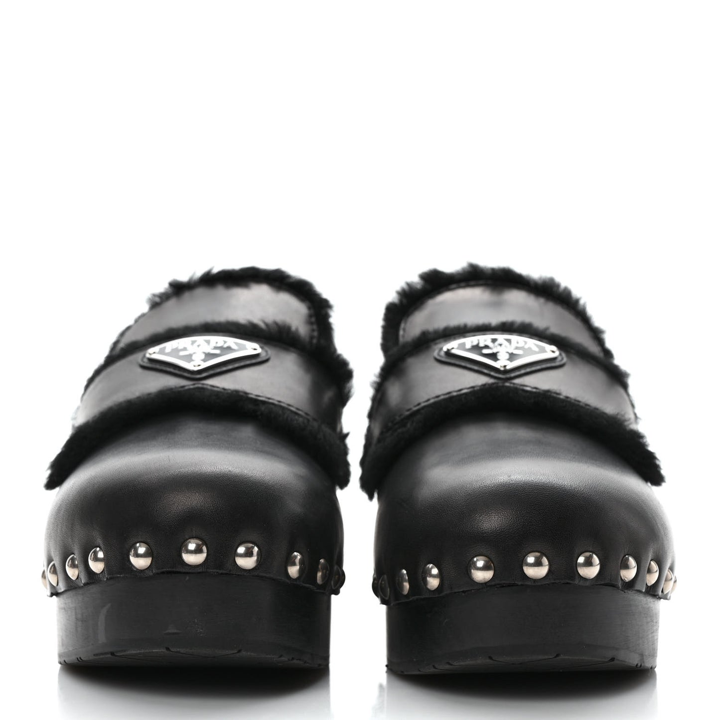 Natural Calfskin Shearling Metal Triangle Logo 45mm Clogs 38 Black