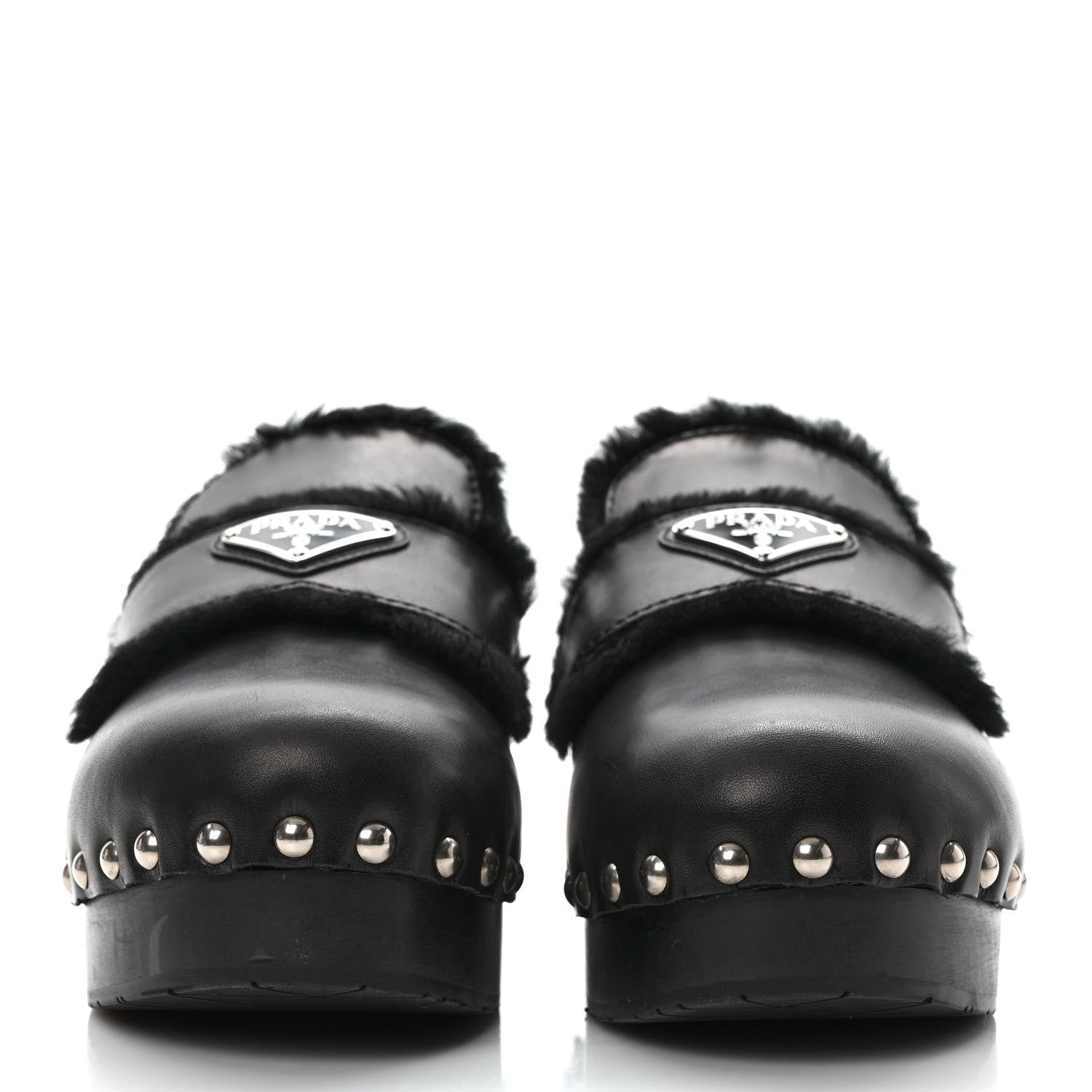 Prada Natural Calfskin Shearling Metal Triangle Logo 45mm Clogs 38 Black 2 of 7