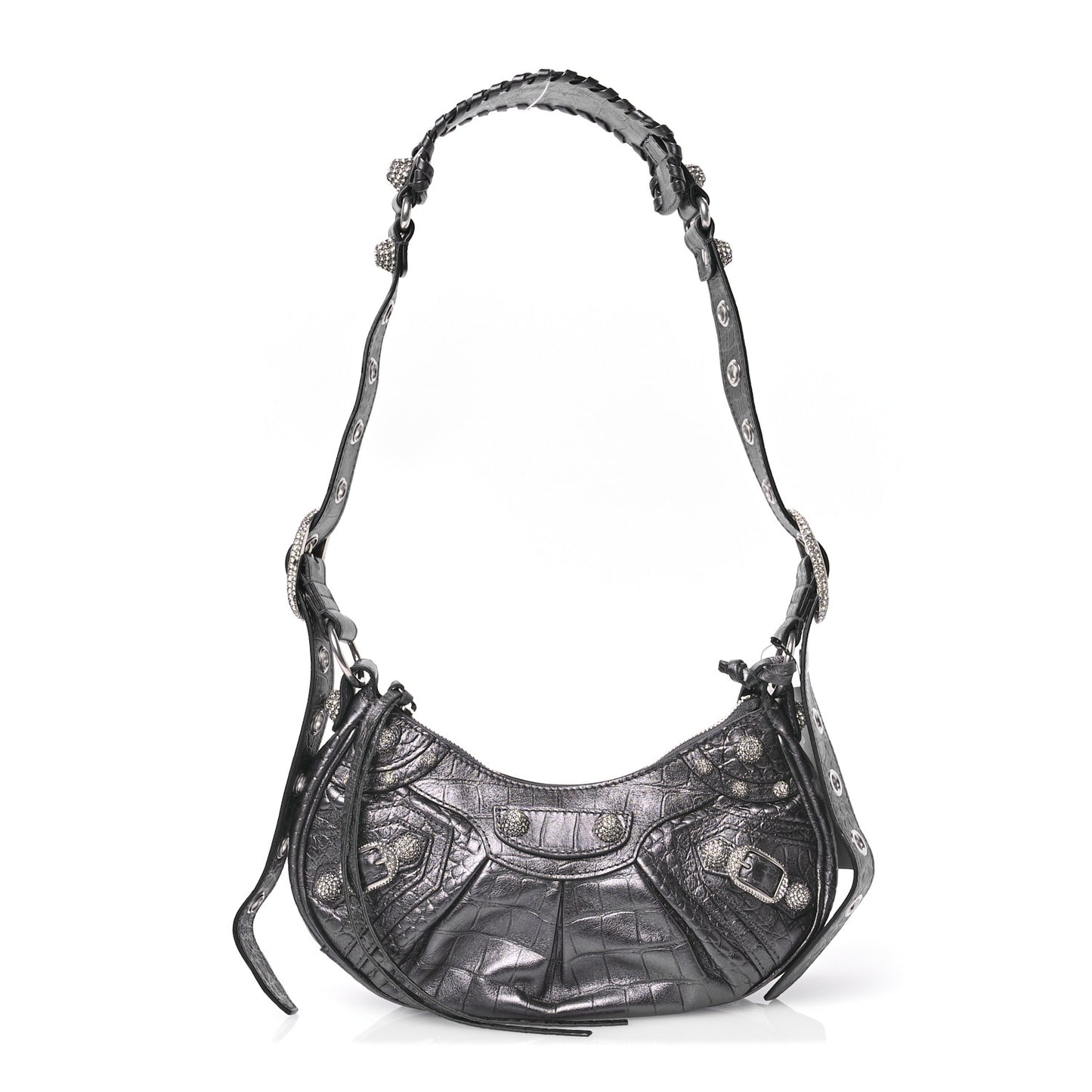 Extra Supple Calfskin Crystal Crocodile Embossed Le Cagole Shoulder Bag XS Gunmetal