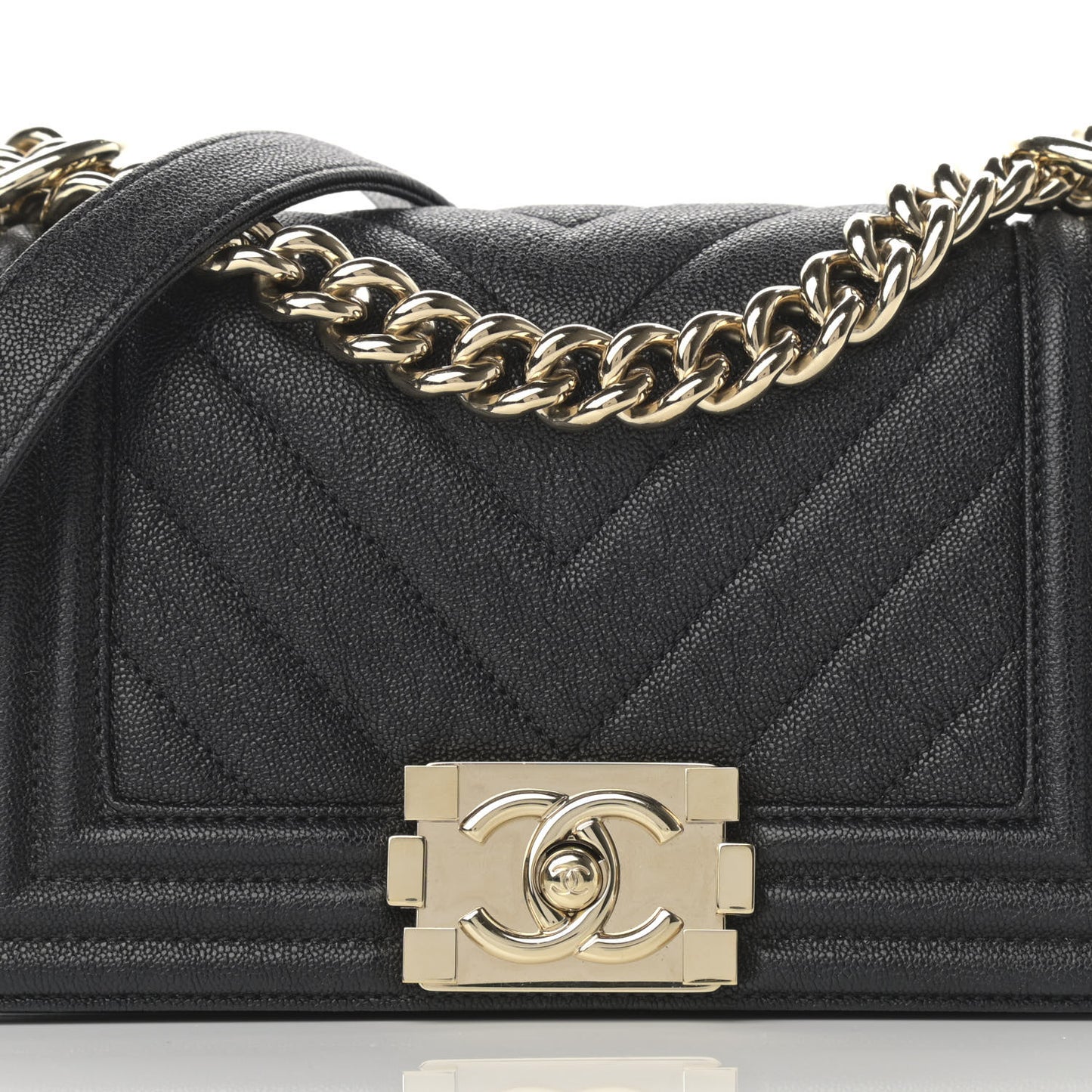 Iridescent Caviar Chevron Quilted Small Boy Flap Black