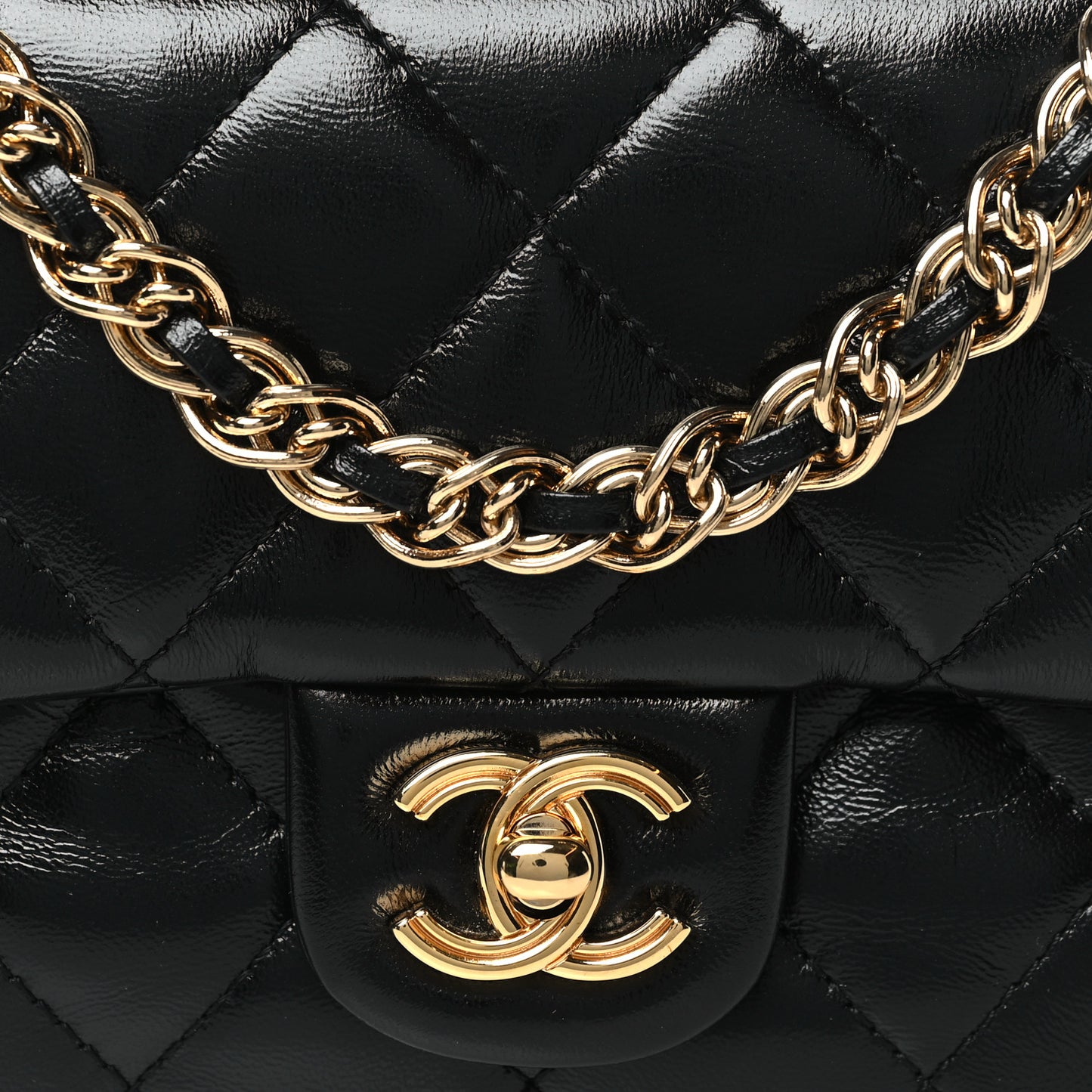 Shiny Lambskin Quilted Golden Links Top Handle Flap Black
