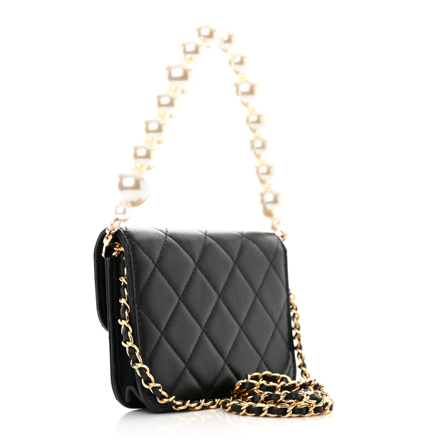 Lambskin Quilted Zirconium Pearl Card Holder Flap With Chain Black