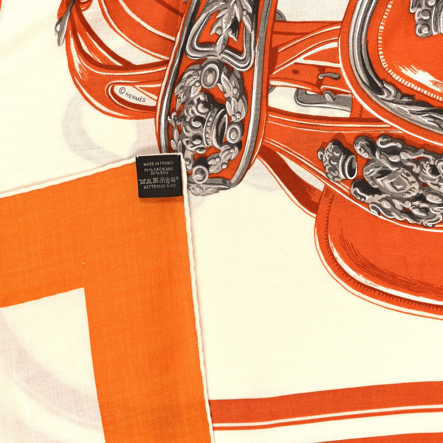 Hermes Silk Cashmere Brides De Gala Applique Pique Shawl 140 Orange White Roux 3 of 5