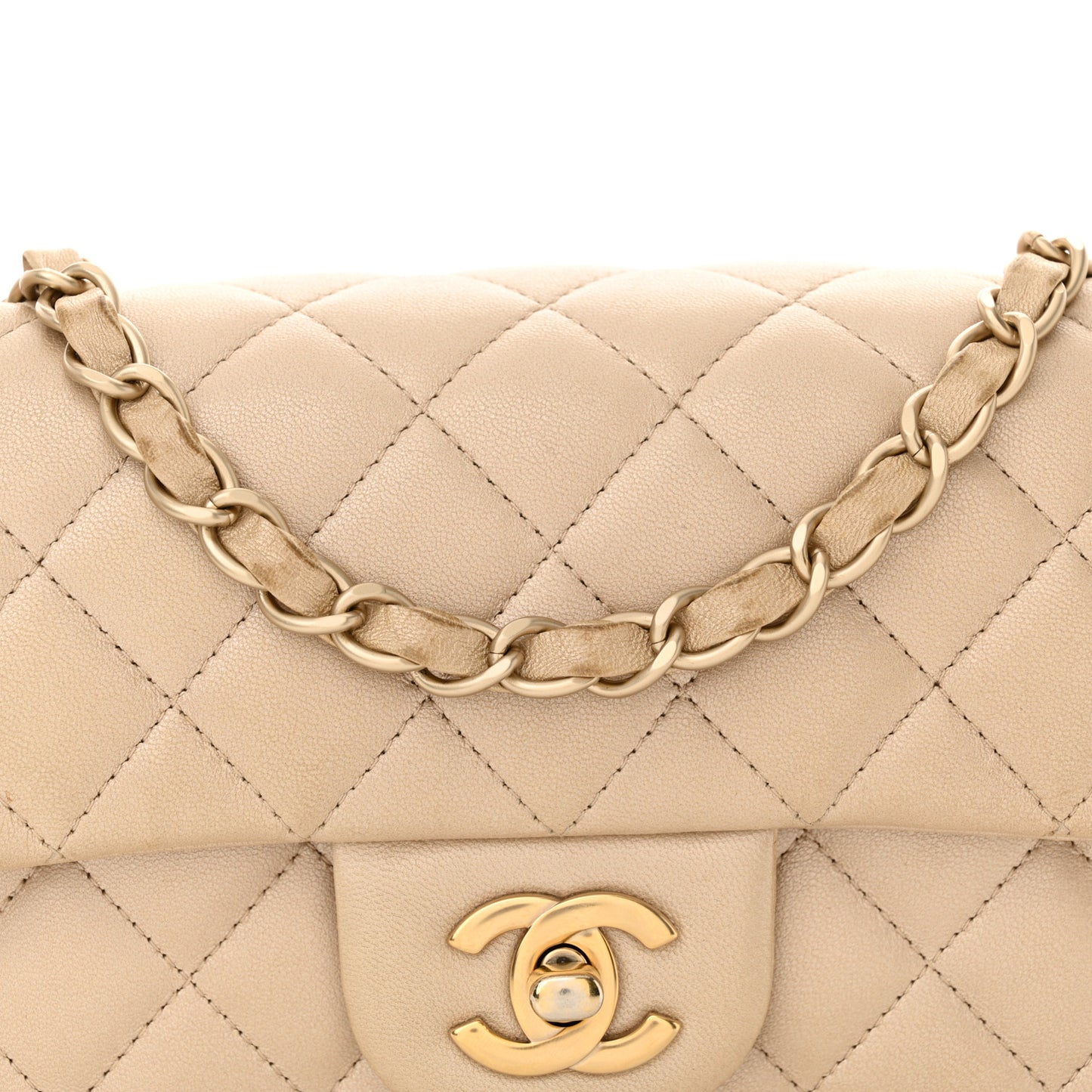 Iridescent Calfskin Quilted Mini Rectangular Flap Beige