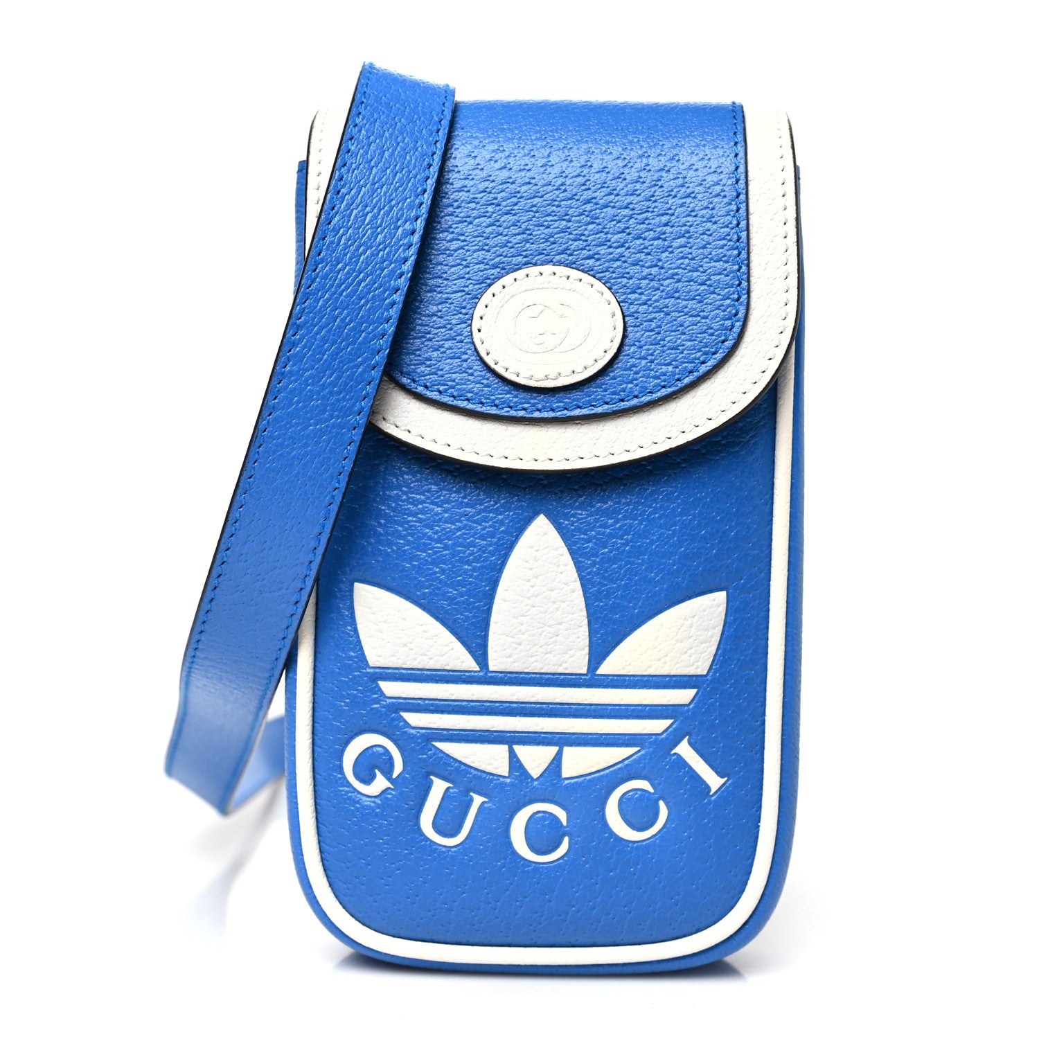 Gucci X ADIDAS Textured Dollar Calfskin Trefoil Embossed Phone Crossbody Bag Oriental Blue Mystic White 1 of 10