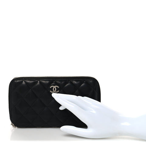 Lambskin Quilted Large Gusset Zip Around Wallet Black