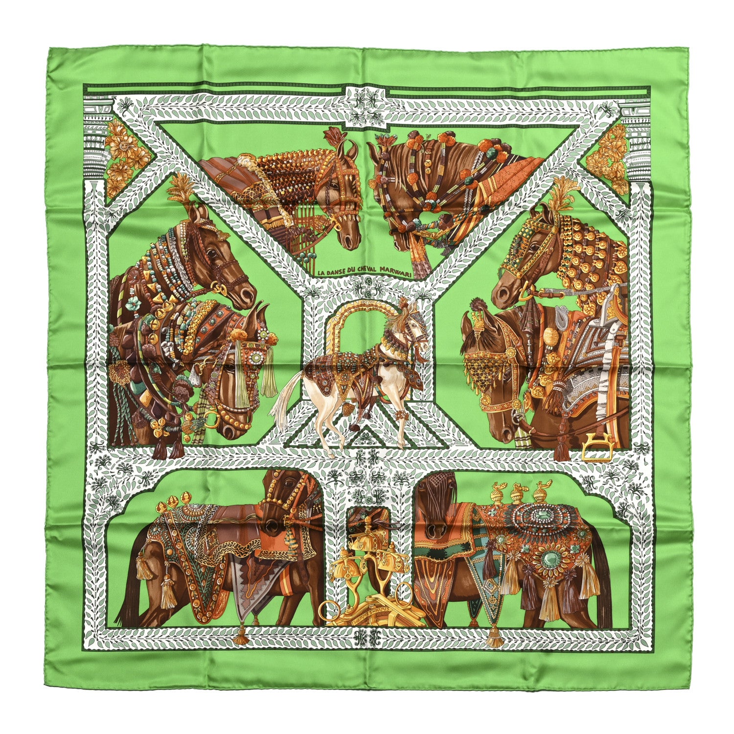 Hermes Silk La Danse du Cheval Marwari Scarf 90 Vert Cru White Tabac 1 of 6