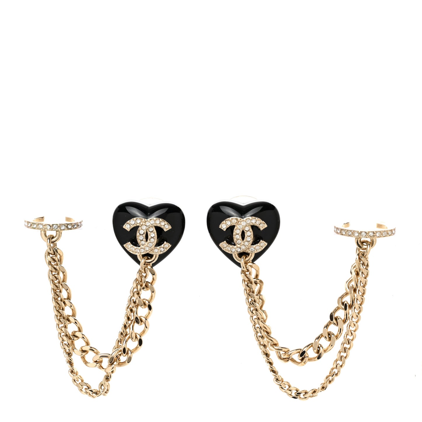 Resin Crystal CC Heart Chain Cuff Earrings Black Gold