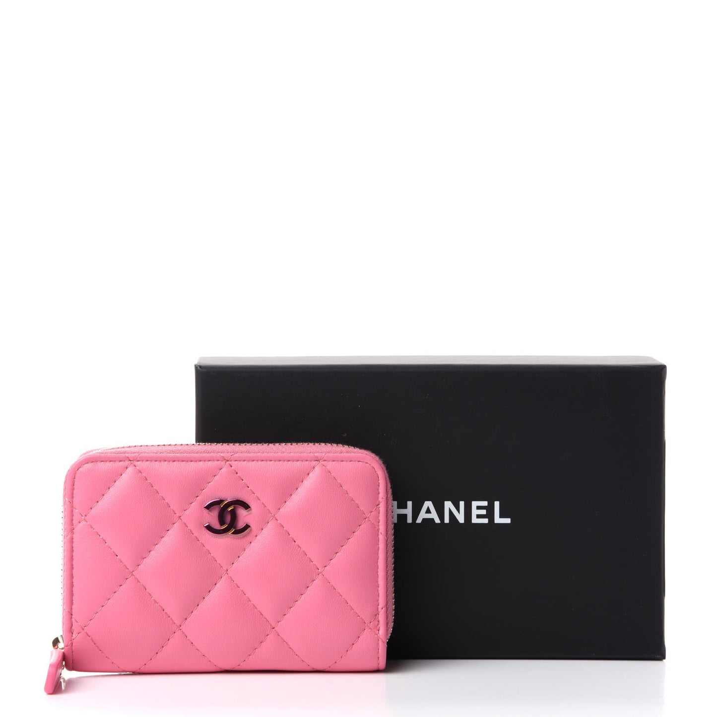 Lambskin Quilted Zip Around Coin Purse Wallet Pink Yellow