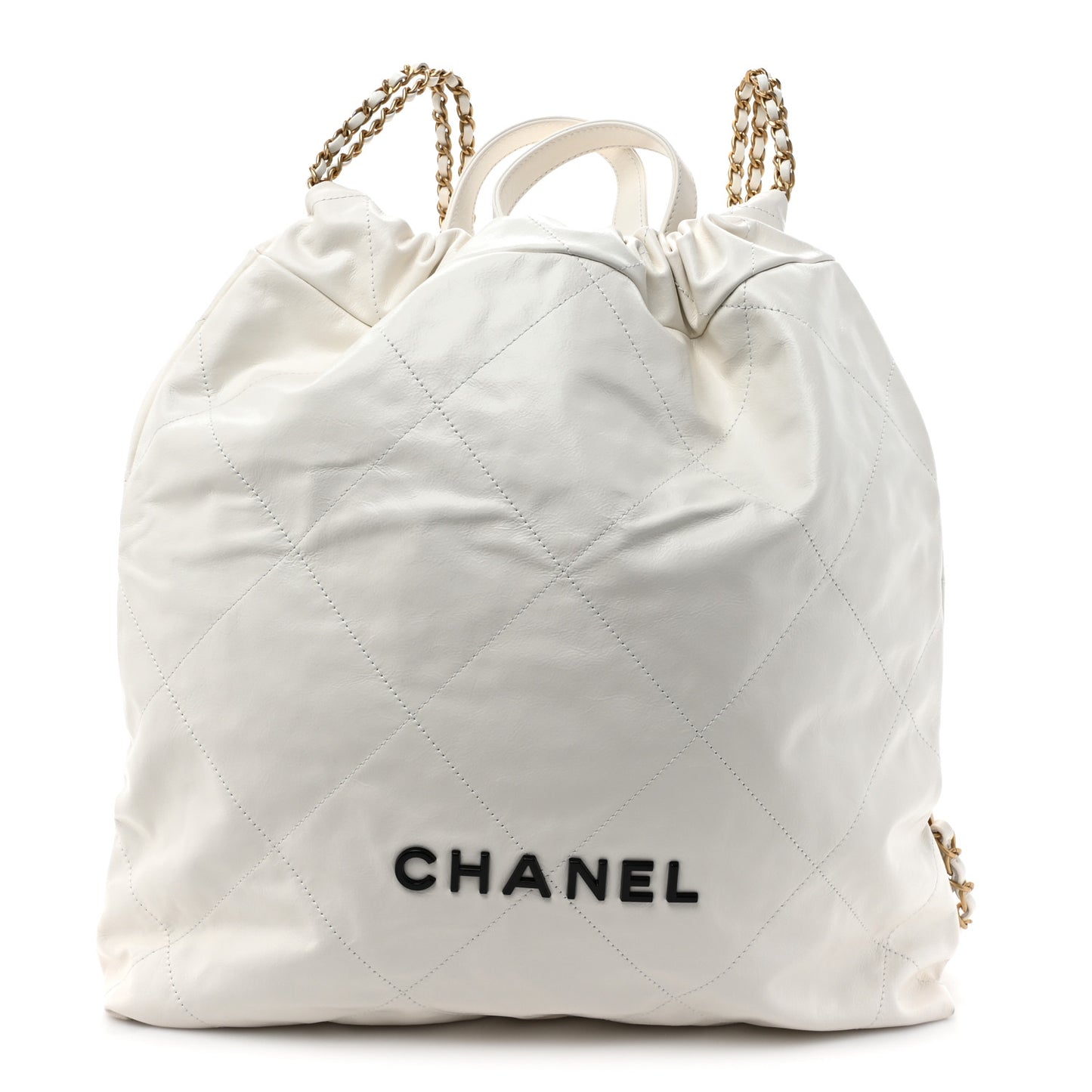 Shiny Calfskin Quilted Chanel 22 Backpack White Black